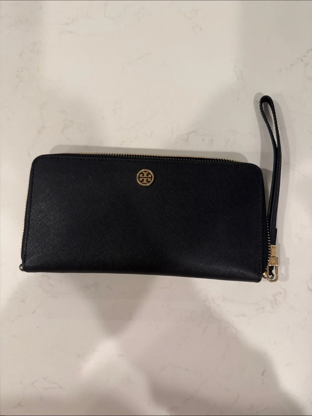 Tory Burch Black Leather Zip Wristlet with Gold Logo